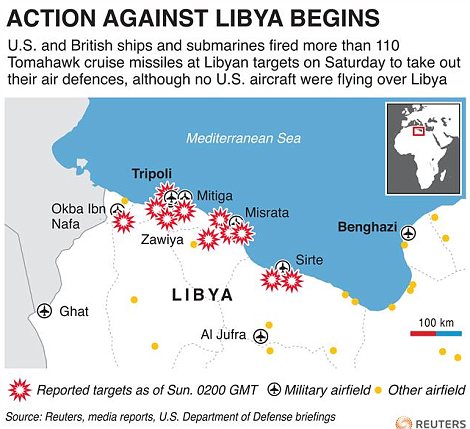 Map showing the places where Western forces hit targets along the Libyan coast on Saturday