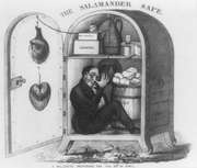 Caricature (1843) of a Millerite, an adherent of the preacher William Miller, who predicted that the world would end between March 21, 1843, and March 21, 1844. The man sits in a large safe labeled “Patent Fire Proof Chest.”