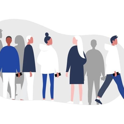 An illustration of a stylised group of people holding phones while walking and gathering.