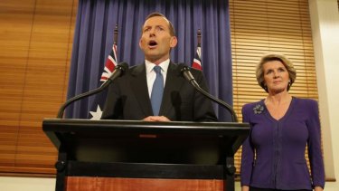 Opposition Leader Tony Abbott and deputy opposition leader Julie Bishop address the media late on Wednesday night.