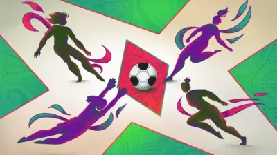 Four stylised illustrations of a female figure, surrounding a football