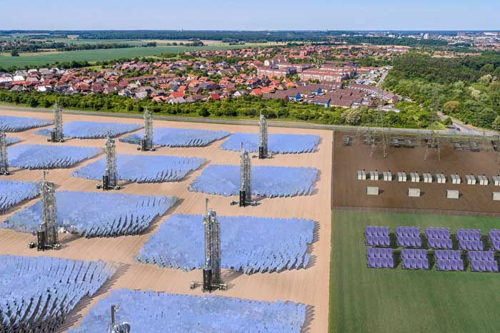 Rendering shows a dense array solar panels next to a neighborhood