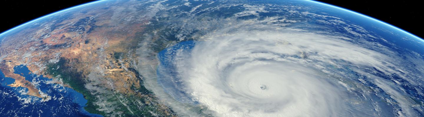 Hurricane approaching the American continent visible above the Earth, a view from the satellite. 