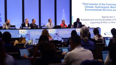 Panelists speaking at the third session of the sercom-3 conference focused on climate, hydrological, and marine services.