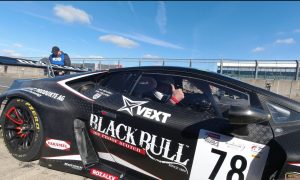 Strapped into the Lamborghini Huracan GT3 at Silverstone. Image: Graham Brown/DC Thomson