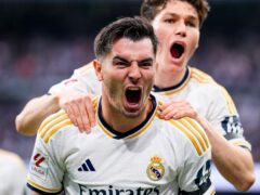 Real Madrid’s Brahim Diaz celebrates after opening the scoring (Manu Fernandez/AP).