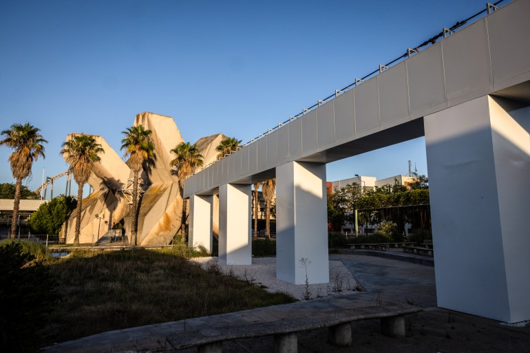 An aqueduct at the unopened CartujaQanat pilot project, an architectural experiment in cooling solutions inspired by Persian-era canals, in Cartuja Island, Seville, Spain, on Tuesday, July 4, 2023. Seville is among the cities hardest hit by the heat wave sweeping across Europe that's imperiled its most important trade route, threatened its $2 trillion tourism industry and endangered the health of thousands of people. Photographer: Angel Garcia/Bloomberg via Getty Images