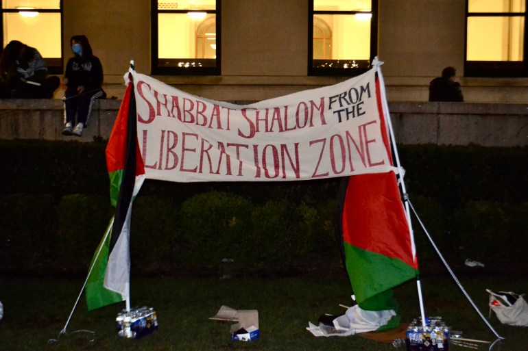 Columbia protesters at the university's campus in Morningside Heights, New York City [Yasmeen Altaji/Al Jazeera]