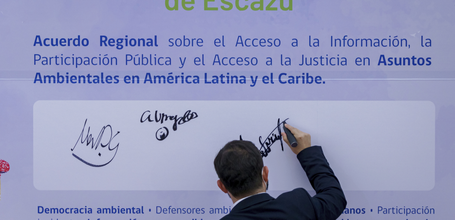 The President of Chile, Gabriel Boric Font, performs a symbolic signing of the draft agreement to approve the Treaty of Escazú in the Patio de Los Naranjos of the Palacio de La Moneda on March 18, 2022 in Santiago, Chile. The Escazú treaty has been ratified by 12 countries in Latin America and the Caribbean and aims to improve access to information, justice and public participation in environmental issues.