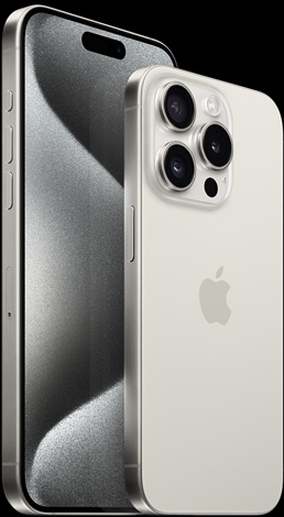 白色钛金属外观 6.7 英寸 iPhone 15 Pro Max 的正面视图，和 6.1 英寸 iPhone 15 Pro 的背面视图