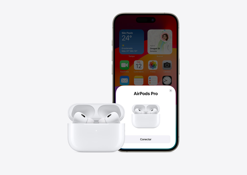 Imagem mostra a configuração simples com um toque dos AirPods no iPhone.