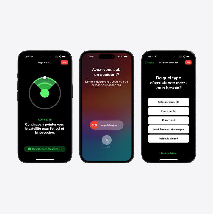 Trois iPhone illustrant des interactions pour Urgence SOS par satellite et Détection d’accident.