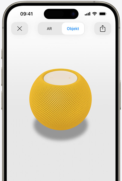 Der HomePod in Gelb auf dem Display eines iPhone in AR Ansicht.