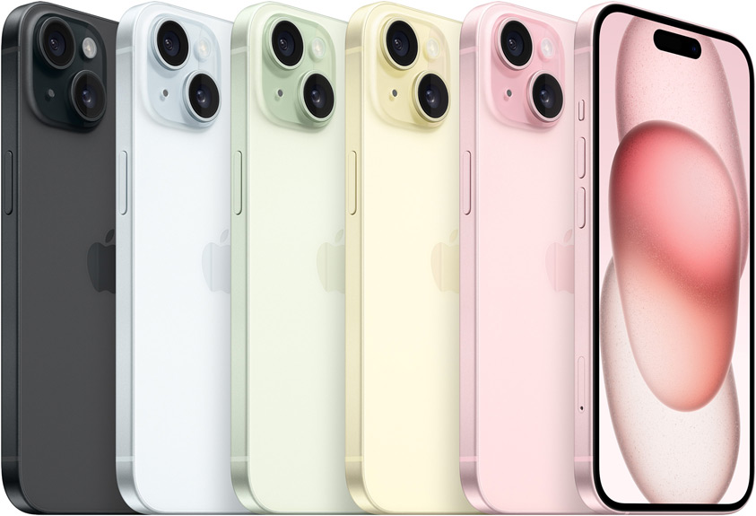 Diseño del iPhone 15 que muestra los cinco colores de vidrio tintado en masa: negro, azul, verde, amarillo y rosa.