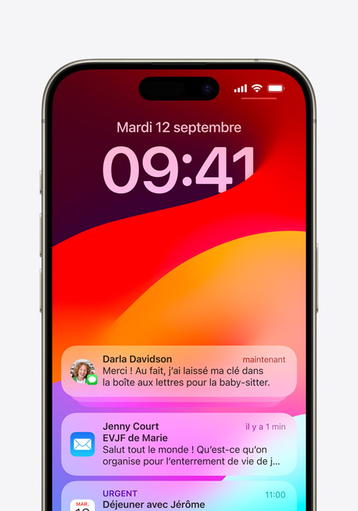 An iPhone screen displays an encrypted iMessage, a Mail notification, and a time-sensitive Calendar invite.