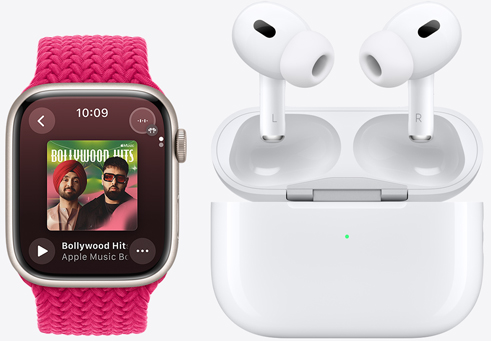 Apple Watch Series 9 playing a song next to AirPods Pro.