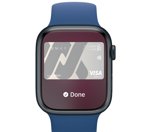 A front view of an Apple Watch. Someone made a payment with Apple Pay.