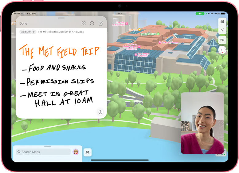 QuickNote in Maps with a FaceTime thumbnail on iPad.