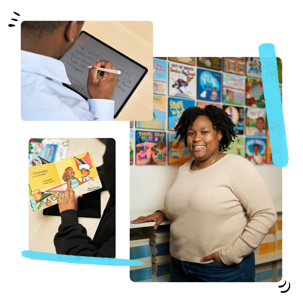 A collage of three images: In the top-left corner, a person uses Apple Pencil and iPad; in the bottom-left corner, a participant flips through an illustrated board book; and on the right, a participant stands against a backdrop of Shout Mouse Press books.
