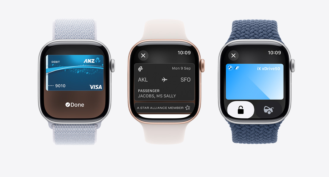 Three Apple Watch Series 9. The first shows Apple Card being used with Apple Pay. The second shows a transit card being used with the Wallet App. The third shows a home key being used through the Wallet app.