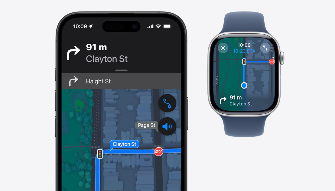 Turn-by-turn directions being shown on both iPhone 15 Pro and Apple Watch Series 9.