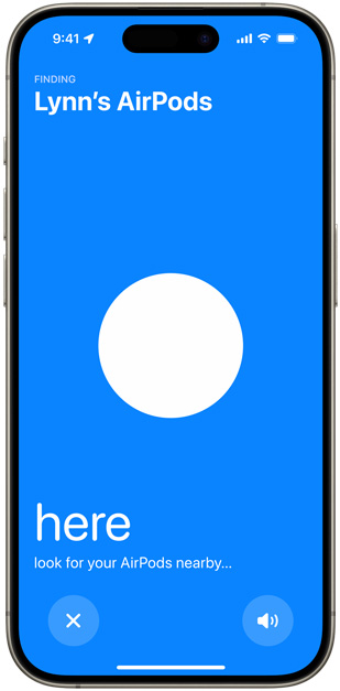 iPhone shows blue screen that appears while locating AirPods using Find My, white dot indicates location of AirPods relative to iPhone.