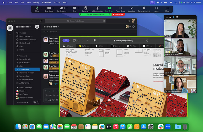 A Zoom meeting on MacBook Pro with M3 chip: The user is sharing their screen to display the website of the company Teenage Engineering, showing an image of modular synthesiser equipment, with a Slack channel called Synth Salinas open in the background