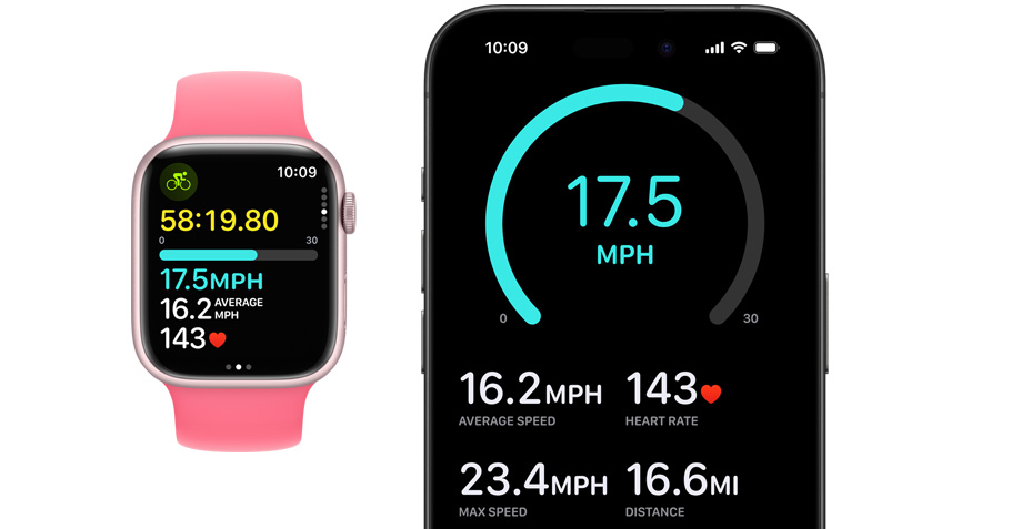 Une vue avant d’une Apple Watch et d’un iPhone. L’Apple Watch montre un exercice commencé, qui s’affiche aussi sur l’iPhone.