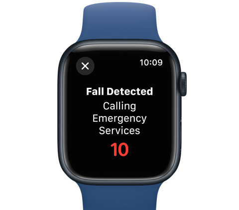 Une vue avant d’une Apple Watch avec un message indiquant que les secours seront appelés dans les 10 secondes.