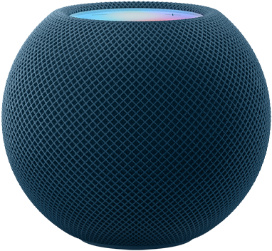 En blå HomePod mini under farverige pixels i bevægelse, som former ordet “mini”.