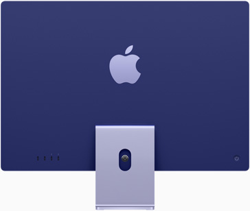 „iMac“ su „Apple“ logotipu, centruotu virš stovo, violetine nugarėle