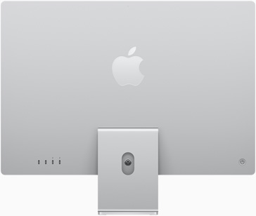 Parte de trás do iMac, com o logótipo da Apple ao centro acima do suporte, em prateado