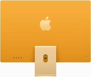 Parte de trás do iMac, com o logótipo da Apple ao centro acima do suporte, em amarelo