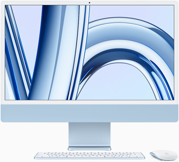 iMac com o ecrã virado para a frente, em azul