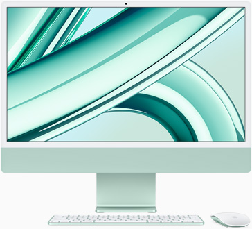 iMac com o ecrã virado para a frente, em verde