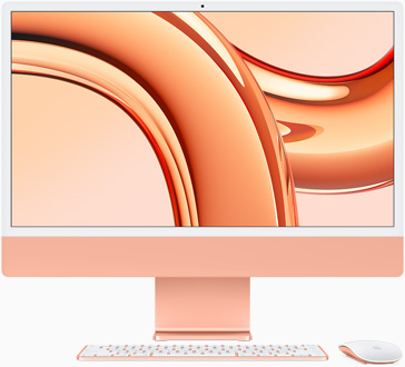 iMac com o ecrã virado para a frente, em laranja