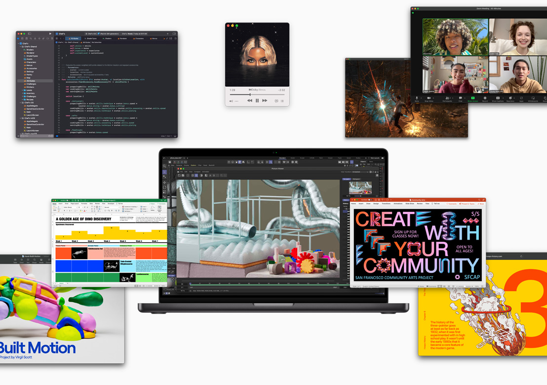 Ecranele arată diversele software-uri care pot rula pe cipul Apple: Xcode, Apple Music, Zoom, Excel, PowerPoint, Keynote, Adobe After Effects, Safari și un software de jocuri.