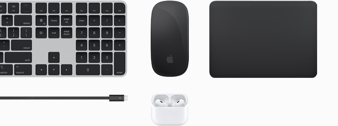 Kolekcja akcesoriów, a w niej klawiatura Magic Keyboard, mysz Magic Mouse, gładzik Magic Track Pad, przewód profesjonalny Pro Thunderbolt 4 i słuchawki AirPods Pro.