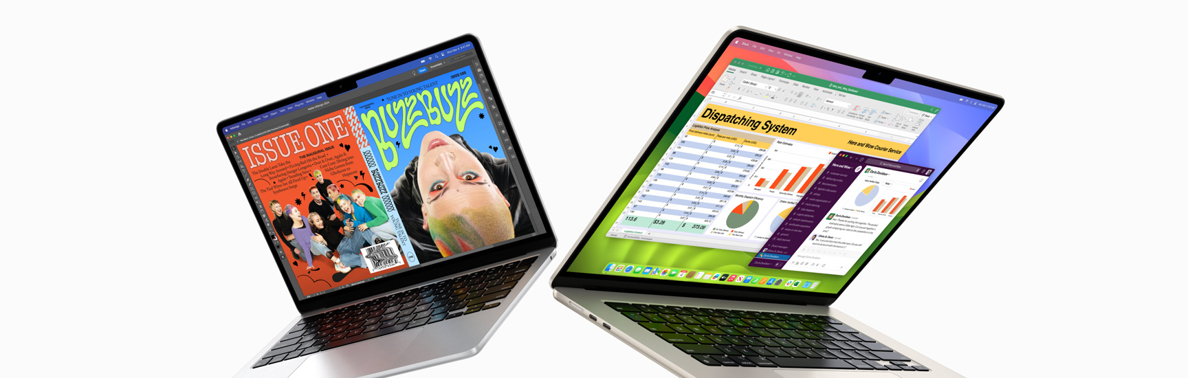 Een gedeeltelijk geopende 13-inch MacBook Air links en een 15-inch MacBook Air rechts. Op het 13-inch scherm is een kleurrijke tijdschriftcover te zien die is gemaakt met In Design. Op het 15-inch scherm zijn Microsoft Excel en Slack te zien.