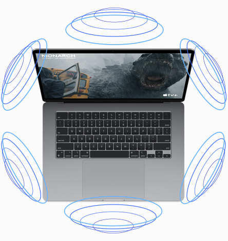 MacBook Air sedd ovanifrån med en illustration som demonstrerar rumsligt ljud under en film