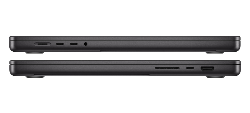 Pohled na porty MacBooku Pro s čipem M3 Pro nebo M3 Max: levá strana – port MagSafe 3, dva porty Thunderbolt 4 a sluchátkový konektor; pravá strana – slot na kartu SDXC, jeden port Thunderbolt 4 a port HDMI