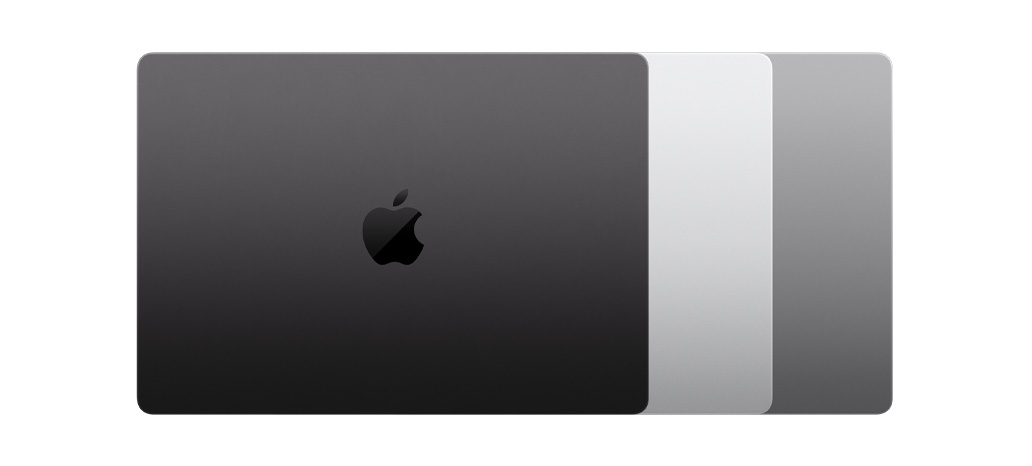 Znázornené sú tri farby, v ktorých je MacBook Pro dostupný: kozmická čierna, strieborná a kozmická sivá