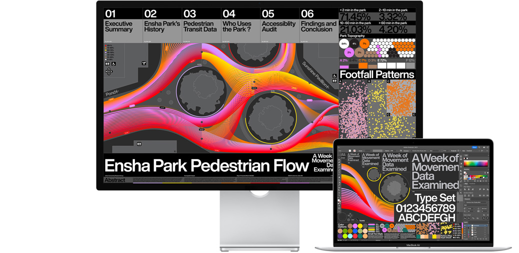 13 colių „MacBook Air“ kartu su „Studio Display“, kuriuose rodomas „Adobe Illustrator“ projektas.