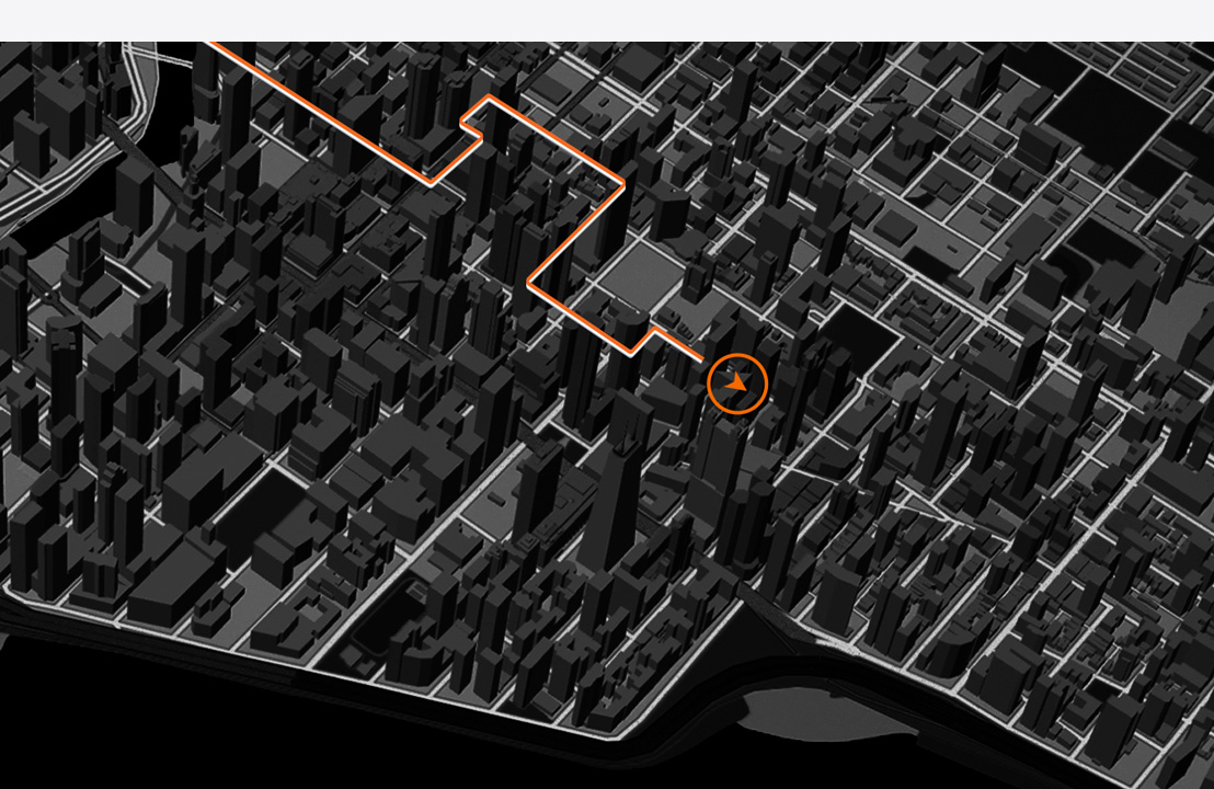An arrow at the end of a route representing someone's run through a city in a 3D view on a map.