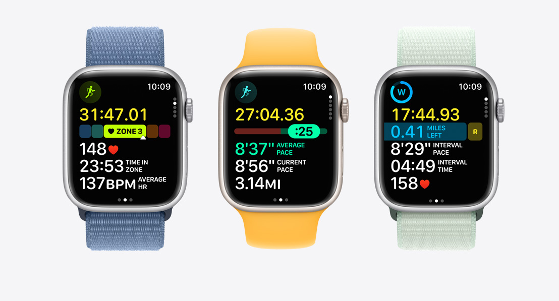 Three Apple Watch Series 9. The first shows Heart Rate Zones in a workout, the second shows Pacer, and the third shows a custom workout with intervals.