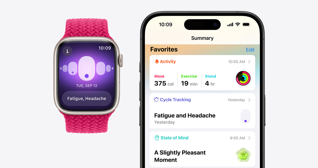 Apple Watch Series 9 showing the Cycle Tracking app and an iPhone 15 Pro with the Health app showing Cycle Tracking information.