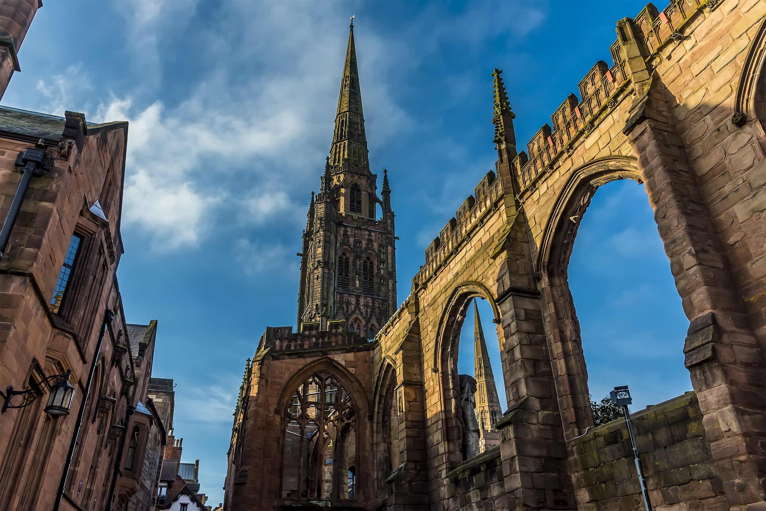 The spires and arches of the ruins of St Michael's Cathedral in Coventry