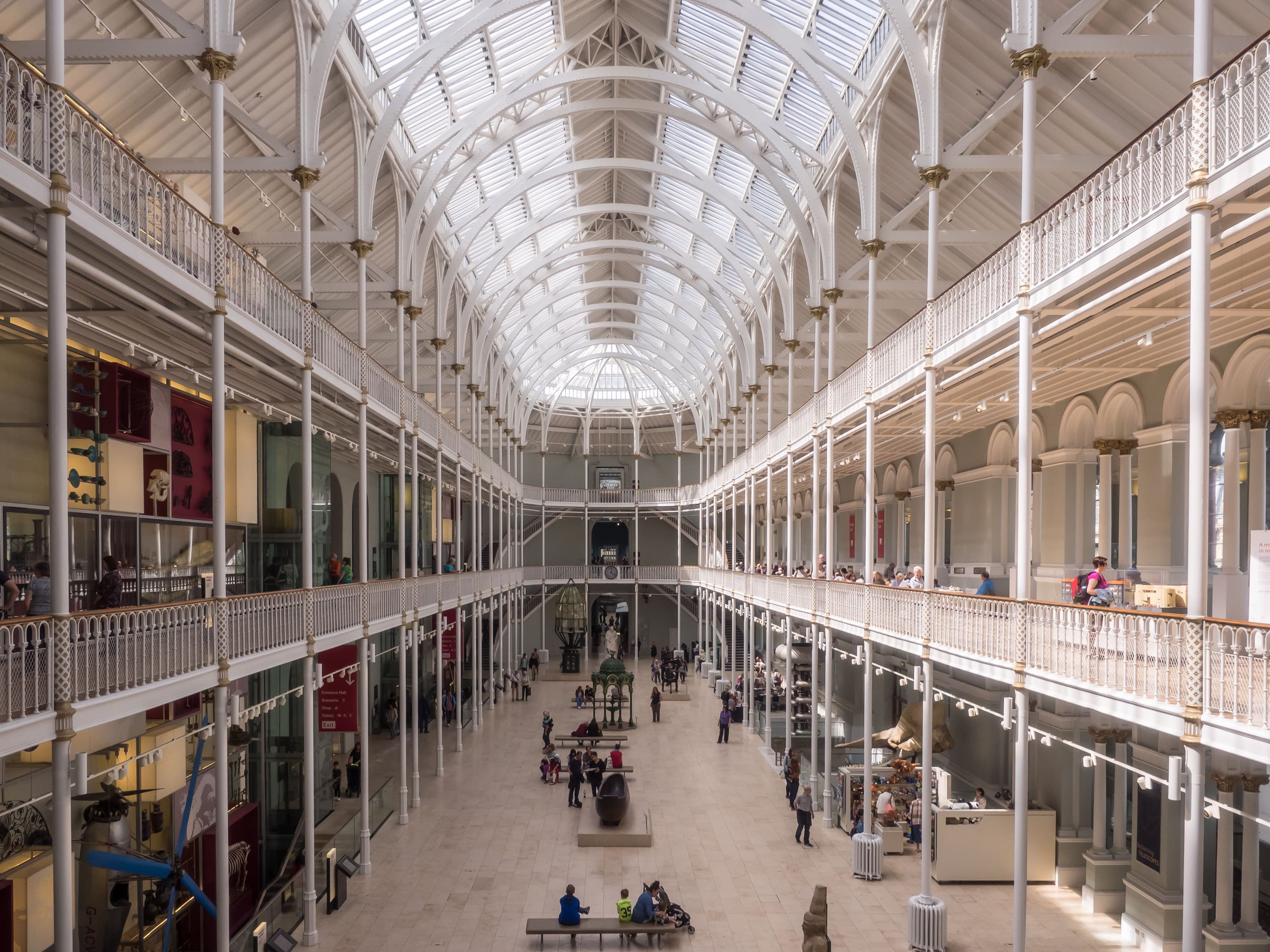 An interior shot of the National Museum of Scotland, showing exhibition floors on several layers