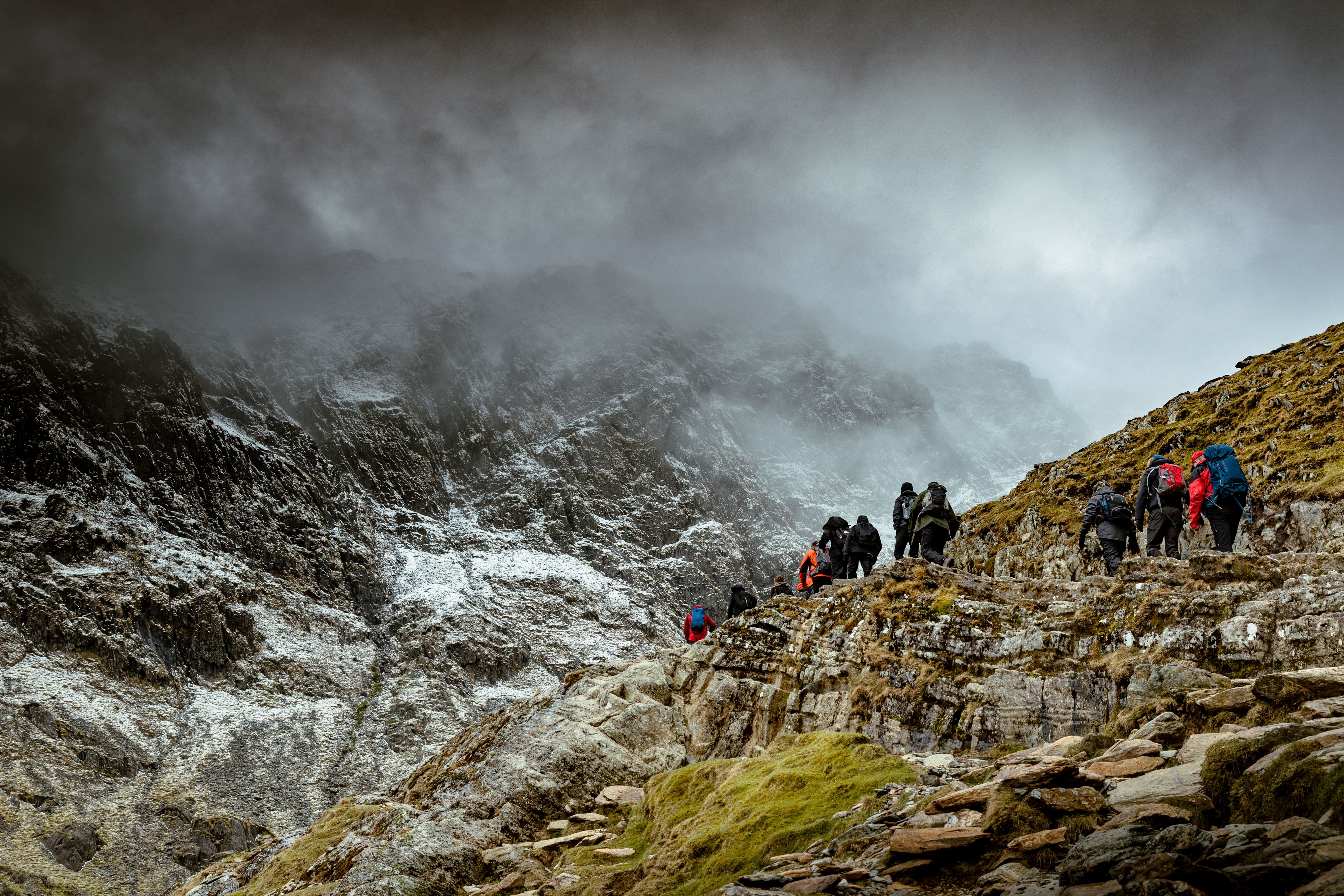 Hikers walking up one of the main routes to Snowdon, Wales’s highest peak