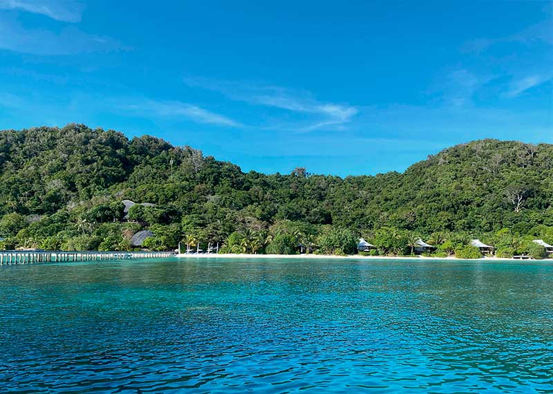 View of Bawah Reserve beach suites from the lagoon